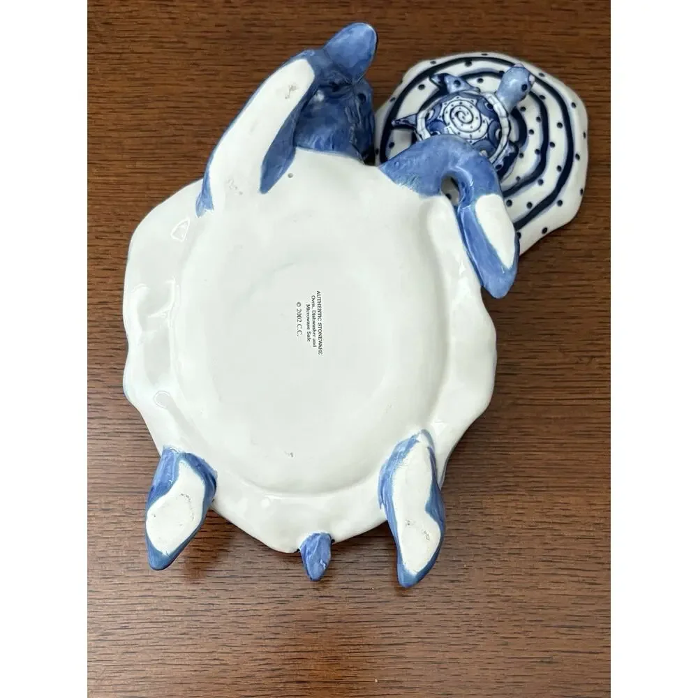 Diane Allen Blue White Turtle Lidded Stoneware Dish Decorative Art 2002
